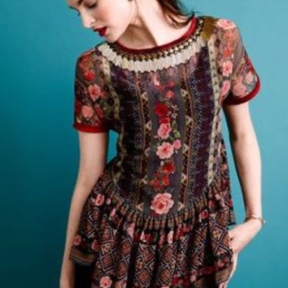Anthropologie Tops - Anthropologie Burgundy Floral Mixed-Print Short-Sleeve Blouse